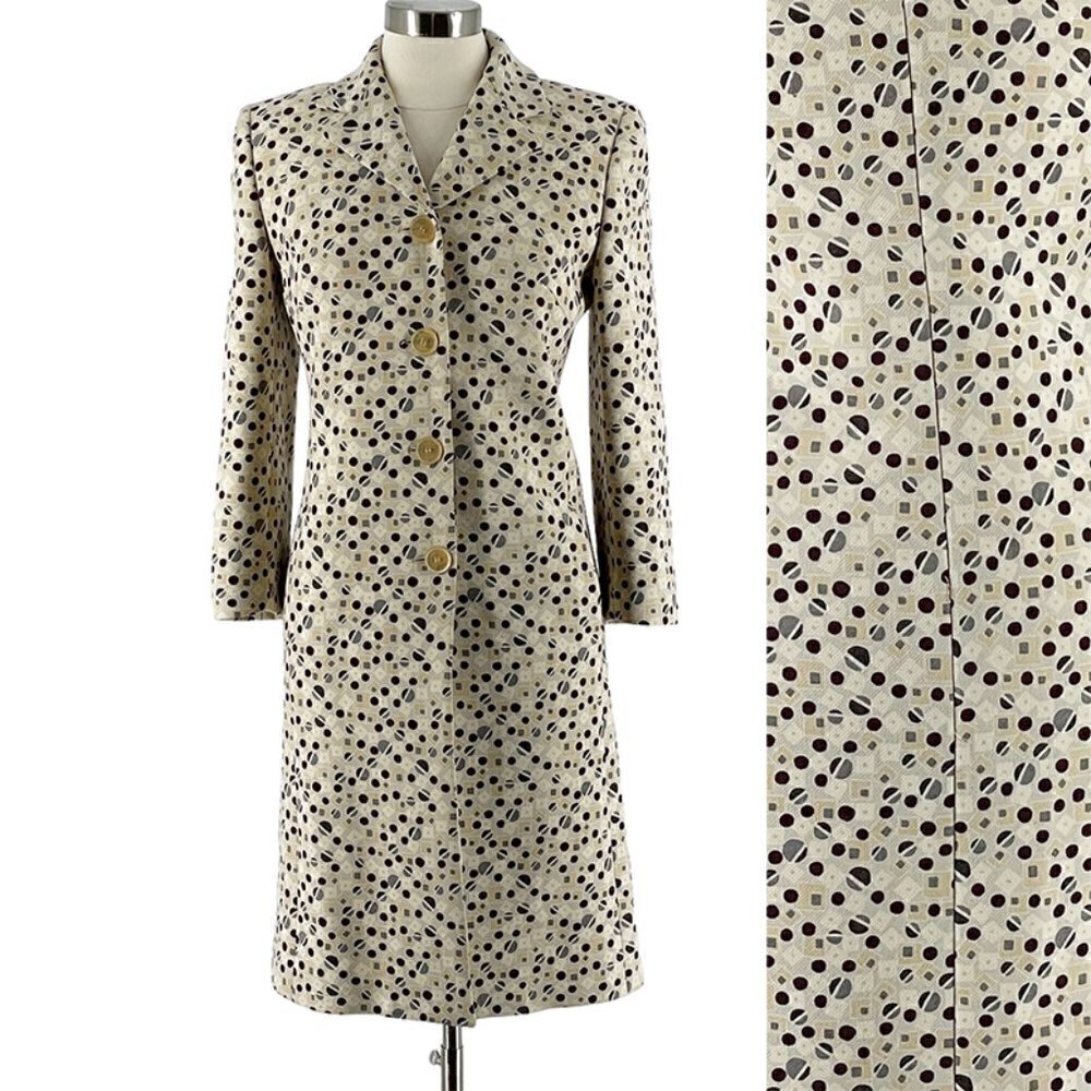 SALE Cruciani Beige Geometric Pattern Wool Blend Brocade Fitted Long Coat US4